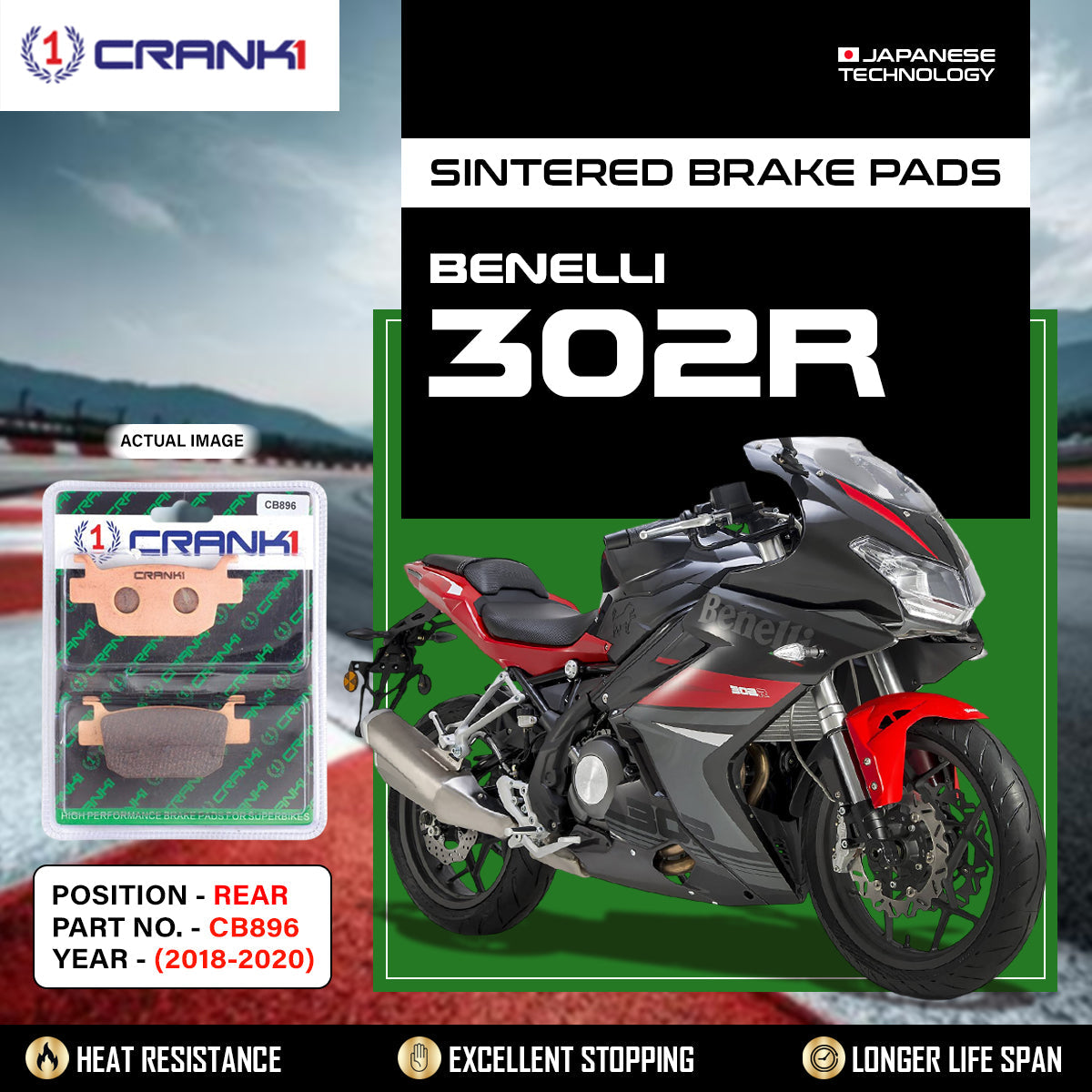 Sintered Brake Pads For Benelli 302R 2018-2020 - Rear - CB896 - 1 Set - CRANK1