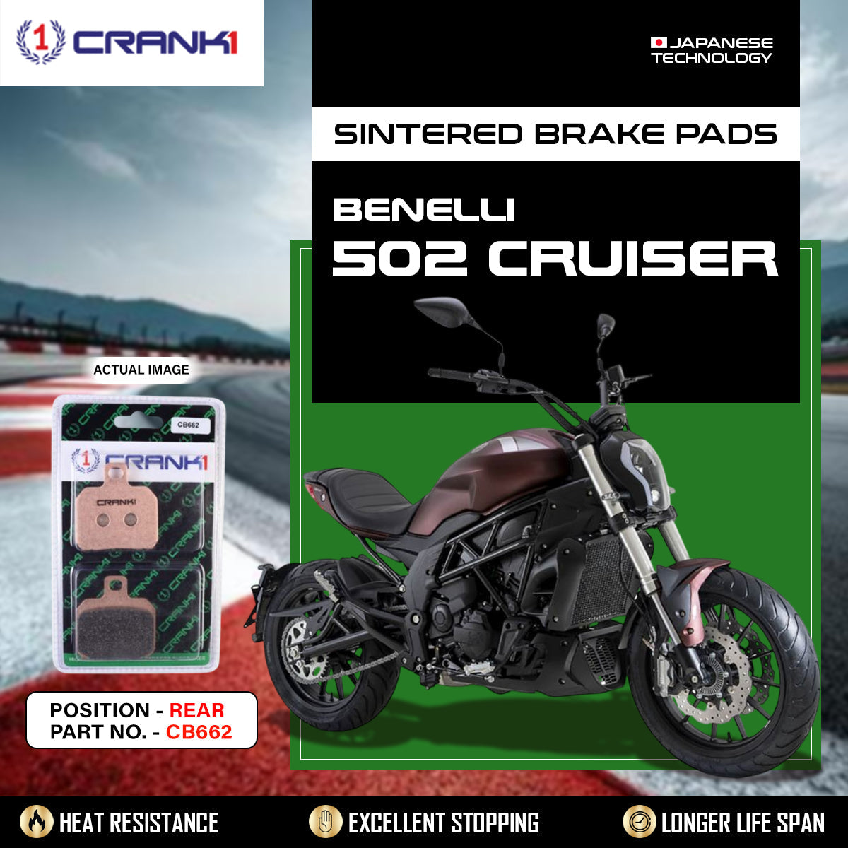 Sintered Brake Pads For Benelli 502C Cruiser - Rear - CB662 - 1 Set - CRANK1