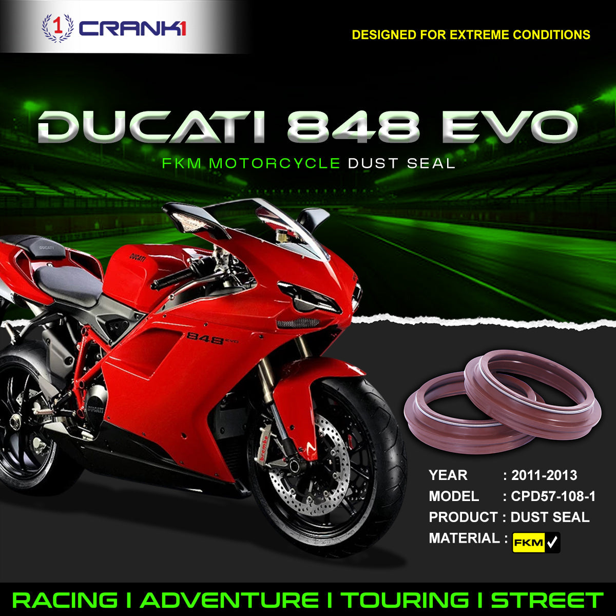 Fork Dust Seals Pair For Ducati 848 EVO 2011-2013 - CPD57-108-1 - CRANK1