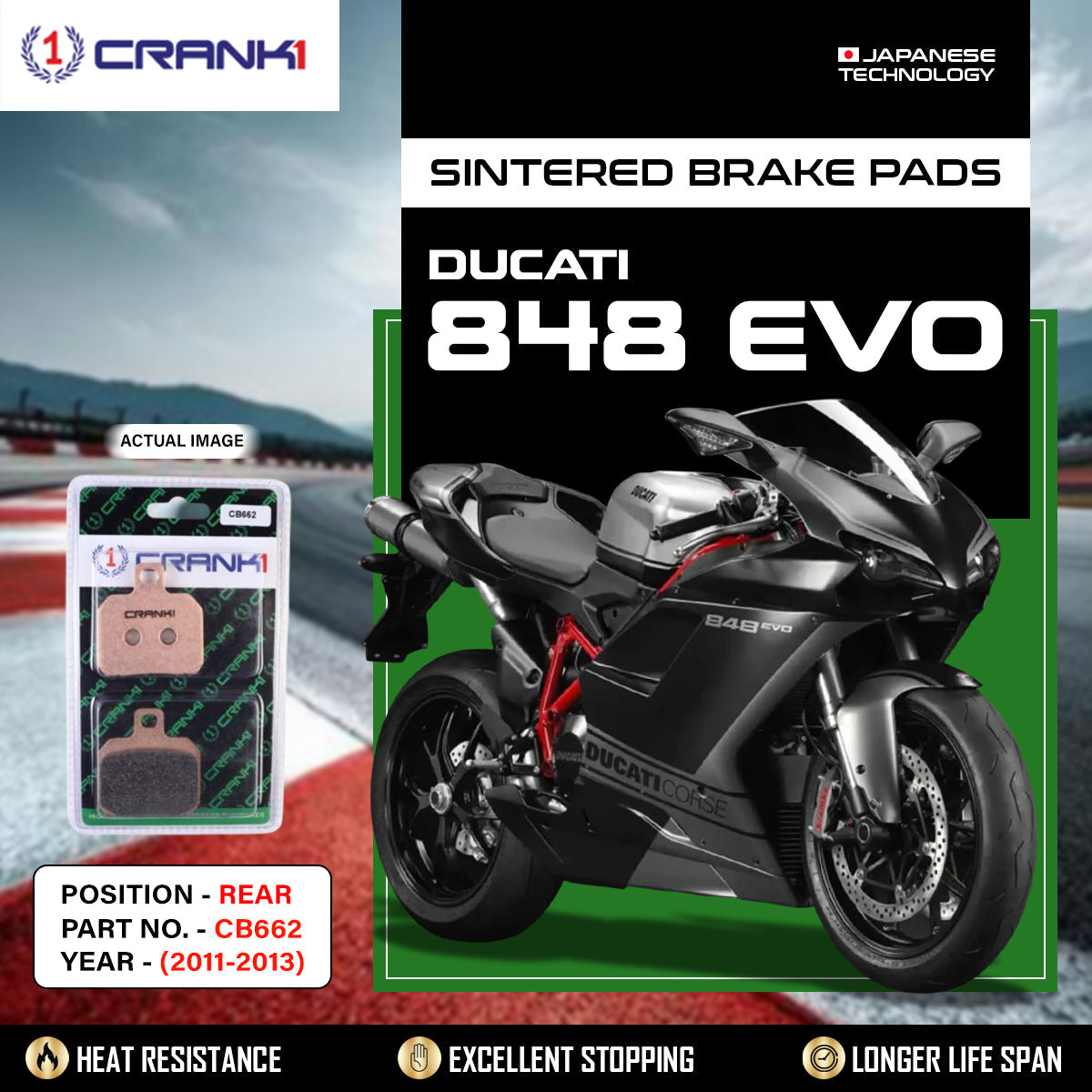 Sintered Brake Pads For Ducati 848 EVO 2011-2013 - Rear - CB662 - 1 Set - CRANK1