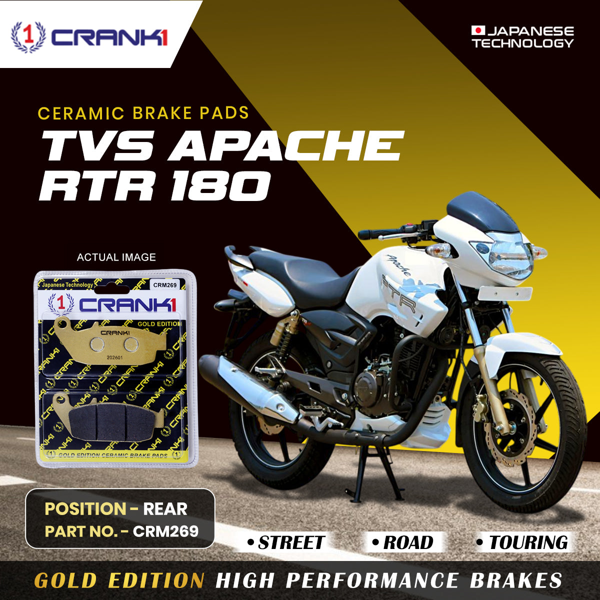 Ceramic Brake Pads For TVS Apache RTR 180 Rear CRM269 1 Set CRANK1