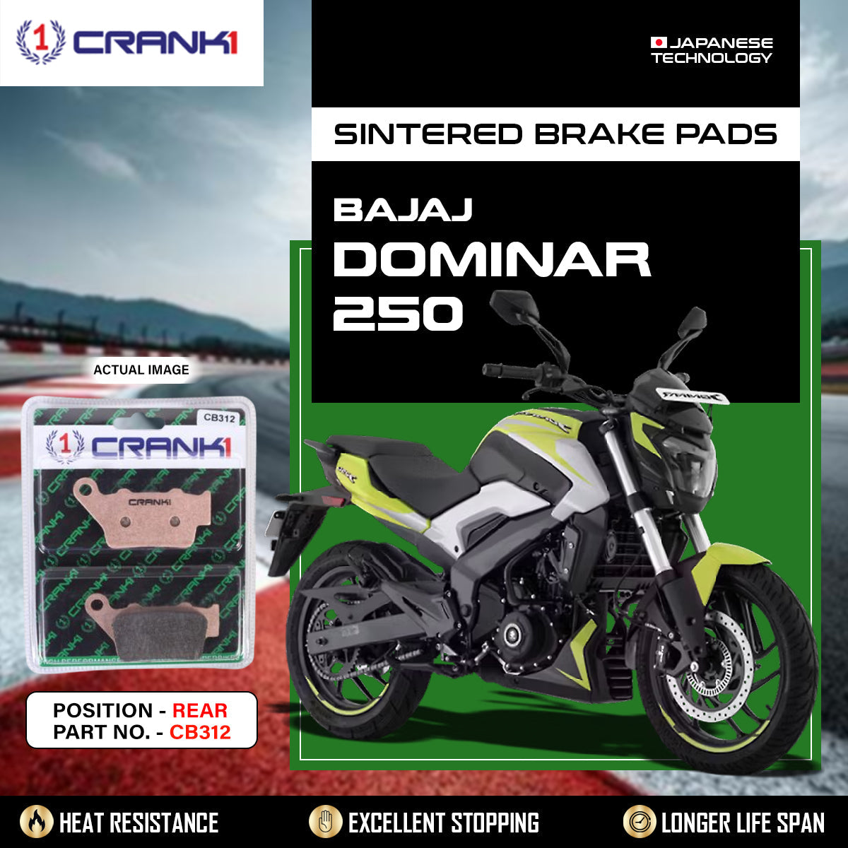 Sintered Brake Pads For Bajaj Dominar 250 - Rear - CB312 - 1 Set - CRANK1