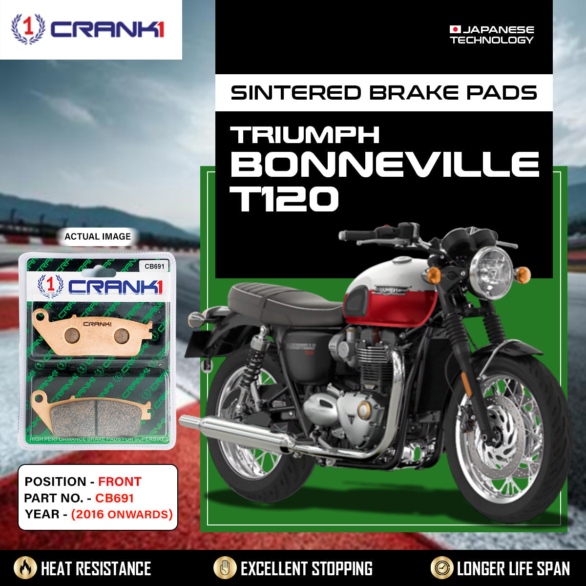 Sintered Brake Pads For Triumph Bonneville T120 2016 Onwards - Front - CB691 - 1 Set - CRANK1