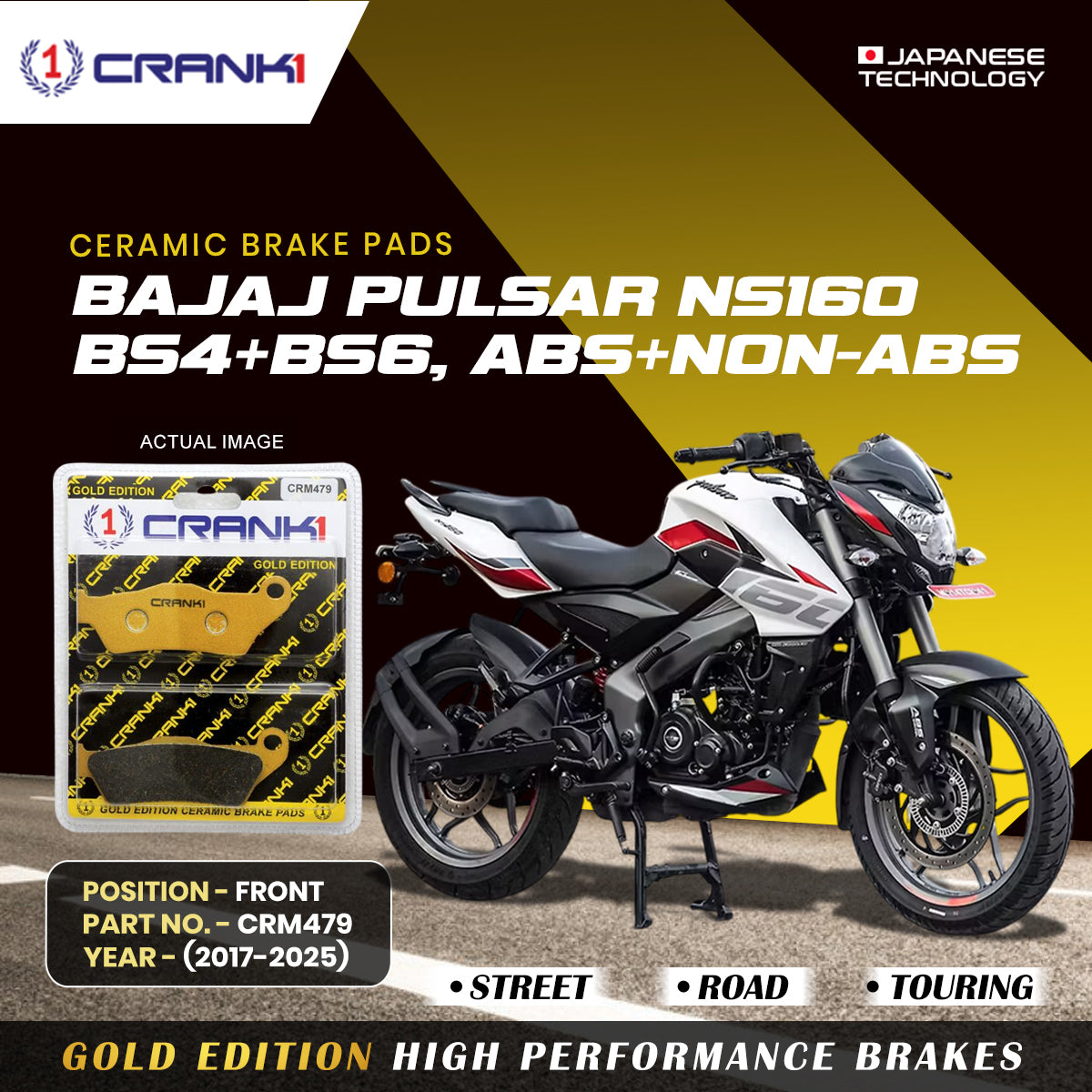 Ceramic Brake Pads For Bajaj Pulsar NS 160 BS4 BS6 ABS NON ABS 2017 2025 Front CRM479 1 Set CRANK1