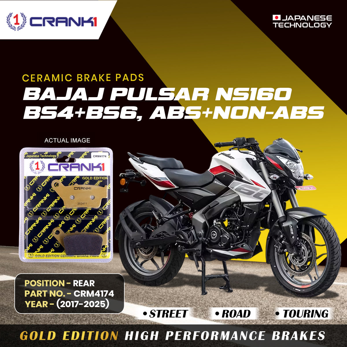 Ceramic Brake Pads For Bajaj Pulsar NS 160 BS4 BS6 ABS NON ABS 2017 2025 Rear CRM4174 1 Set CRANK1