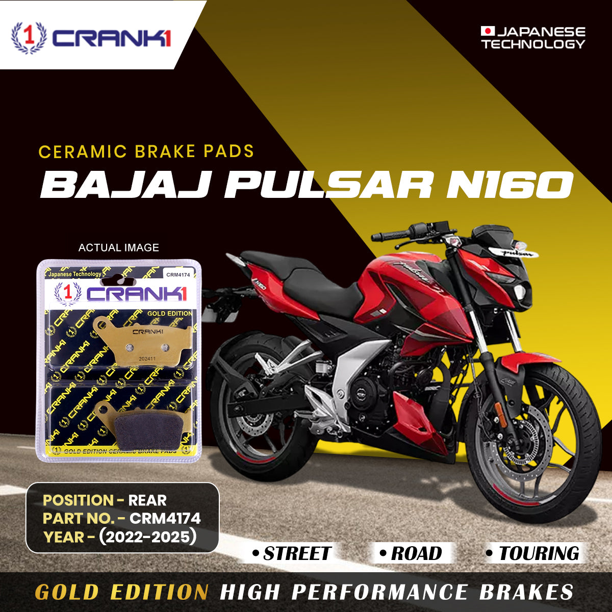 Ceramic Brake Pads For Bajaj Pulsar N160 2022 2025 Rear CRM4174 1 Set CRANK1