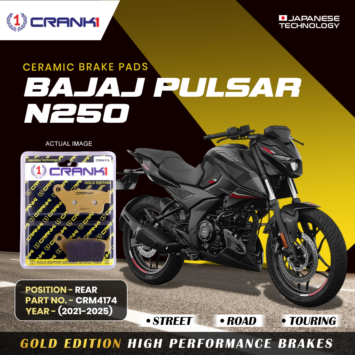 Ceramic Brake Pads For Bajaj Pulsar N250 2021 2025 Rear CRM4174 1 Set CRANK1