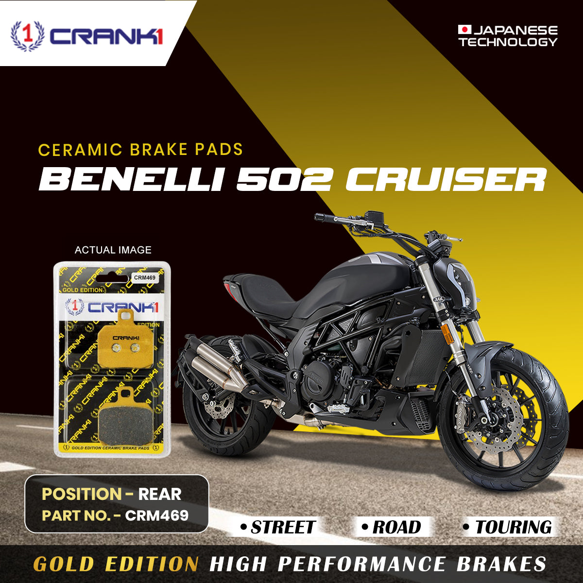 Ceramic Brake Pads For Benelli 502C Cruiser Rear CRM469 1 Set CRANK1