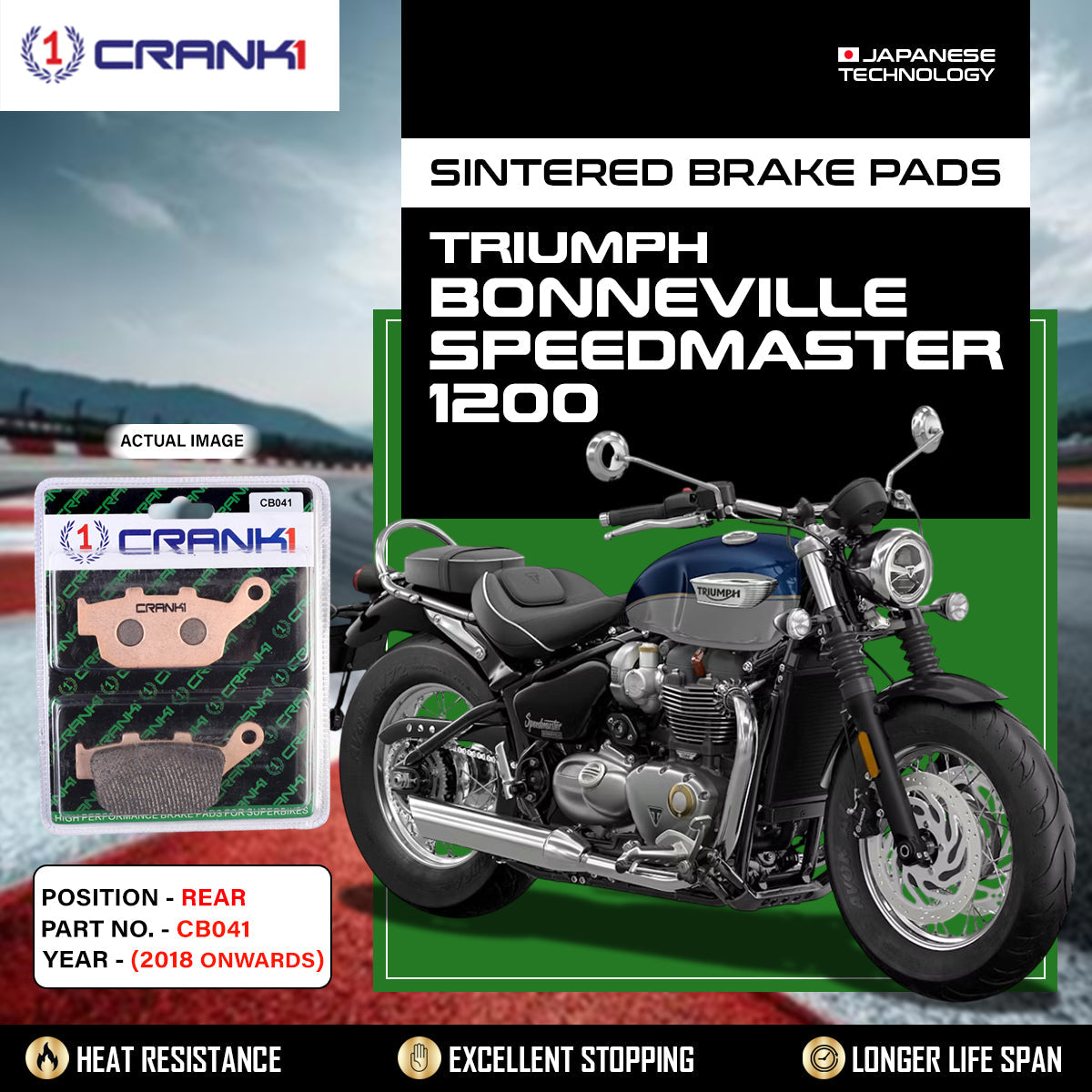Sintered Brake Pads For Triumph Bonneville Speedmaster 1200 2018 Onwards - Rear - CB041 - 1 Set - CRANK1