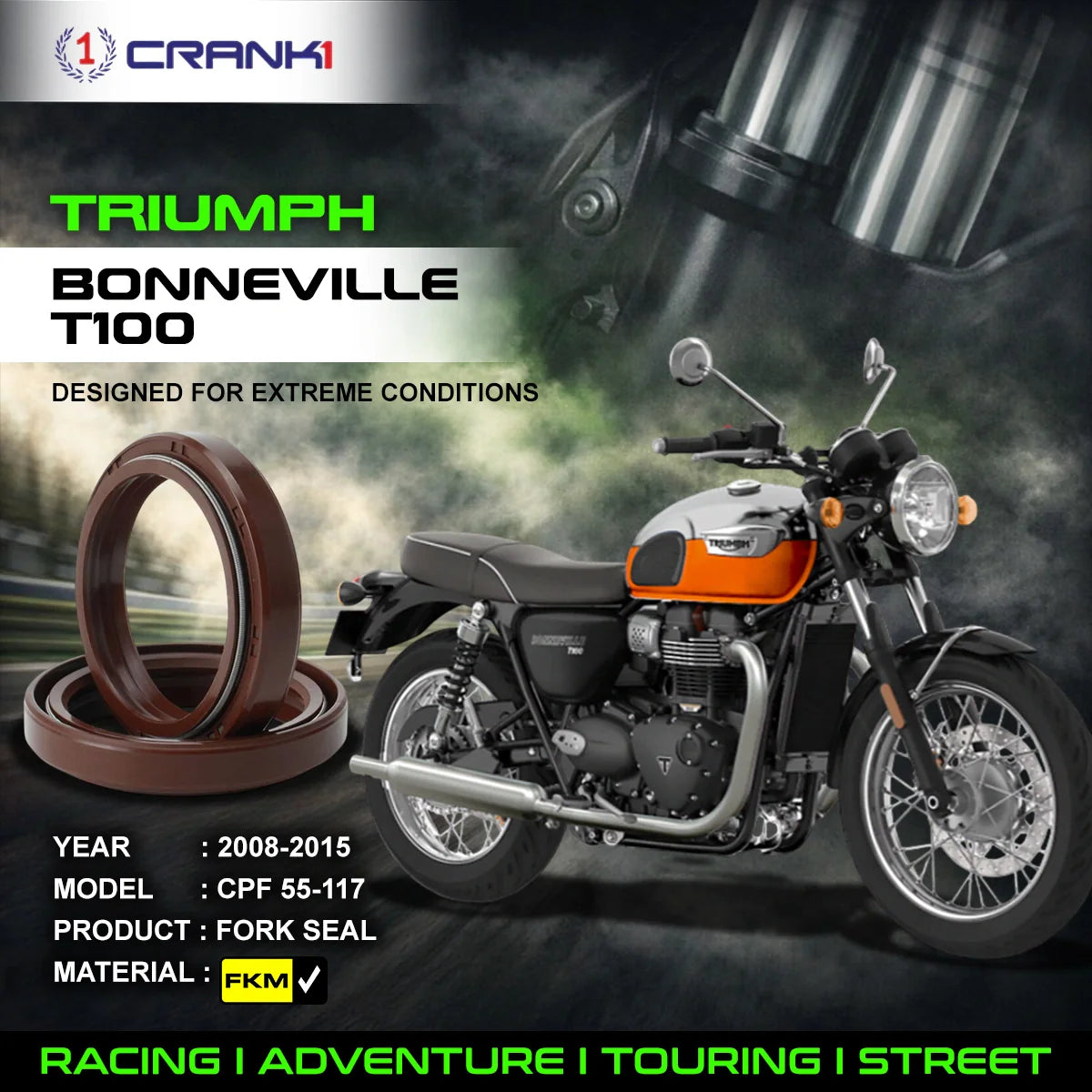 Fork Oil Seals Pair For Triumph Bonneville T100 2008-2015 - CPF55-117 - CRANK1