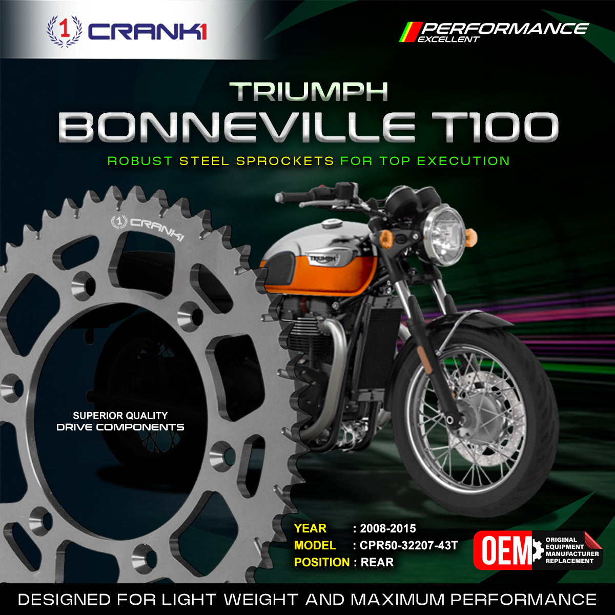 Sprocket For Triumph Bonneville T100 2008-2015 - Rear - CPR50-32207-43T - CRANK1