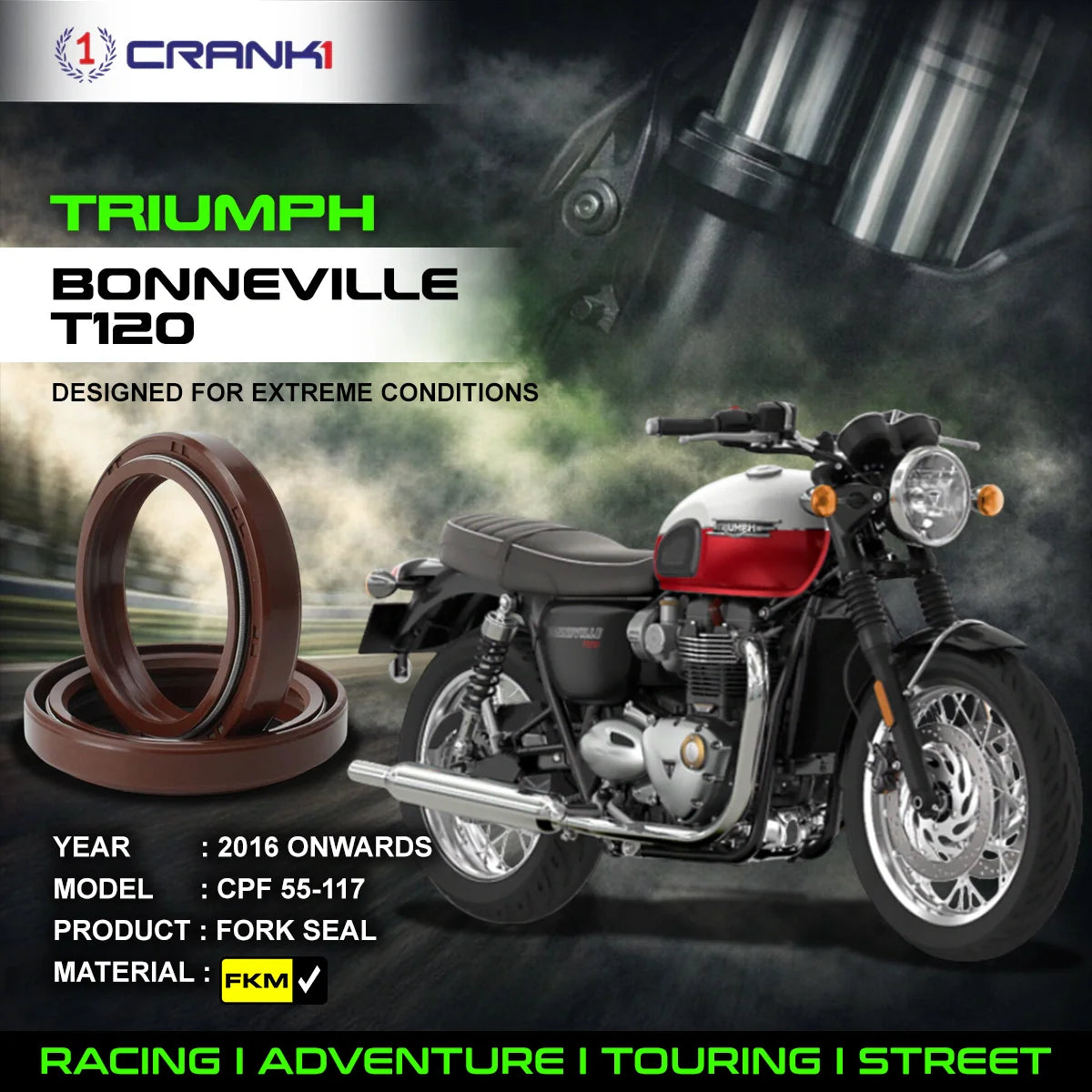 Fork Oil Seals Pair For Triumph Bonneville T120 2016 Onwards - CPF55-117 - CRANK1