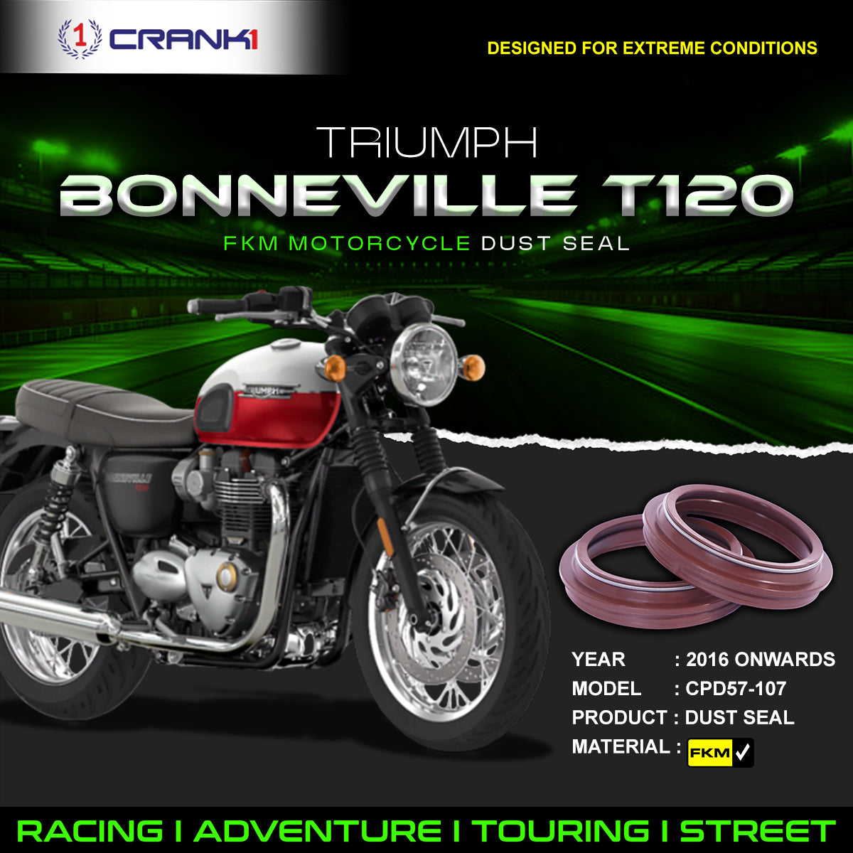 Fork Dust Seals Pair For Triumph Bonneville T120 2016 Onwards - CPD57-107 - CRANK1