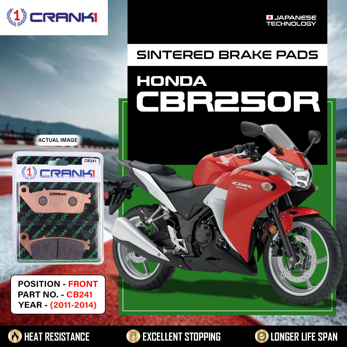 Sintered Brake Pads For Honda CBR250R 2011-2014 - Front - CB241 - 1 Set - CRANK1