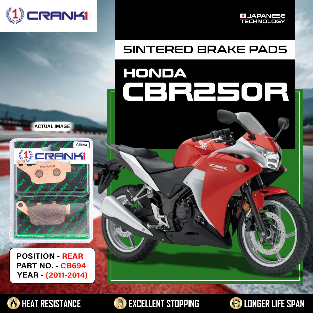 Sintered Brake Pads For Honda CBR250R 2011-2014 - Rear - CB694 - 1 Set - CRANK1