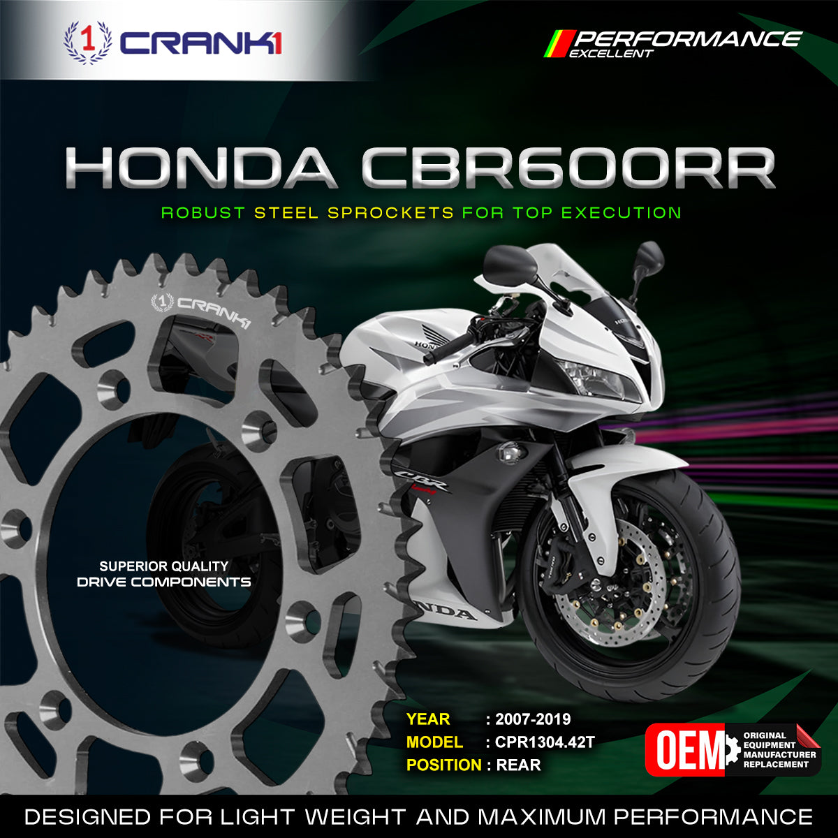 Sprocket For Honda CBR600RR 2007-2019 - Rear - CPR1304 42T - CRANK1