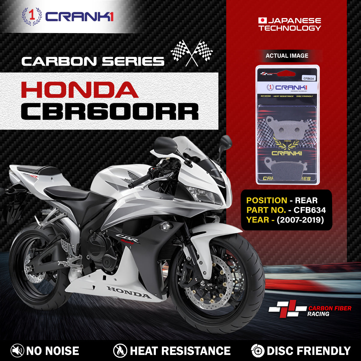 Carbon Brake Pads For Honda CBR600RR 2007-2019 - Rear - CFB634 - 1 Set - CRANK1