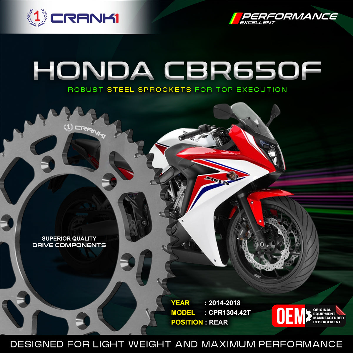 Sprocket For Honda CBR650F 2014-2018 - Rear - CPR1304 42T - CRANK1