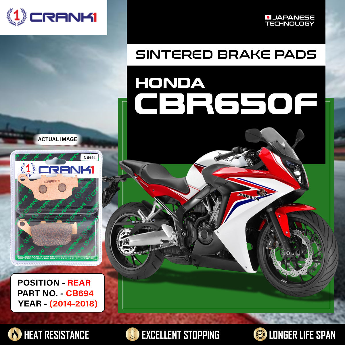 Sintered Brake Pads For Honda CBR650F 2014-2018 - Rear - CB694 - 1 Set - CRANK1