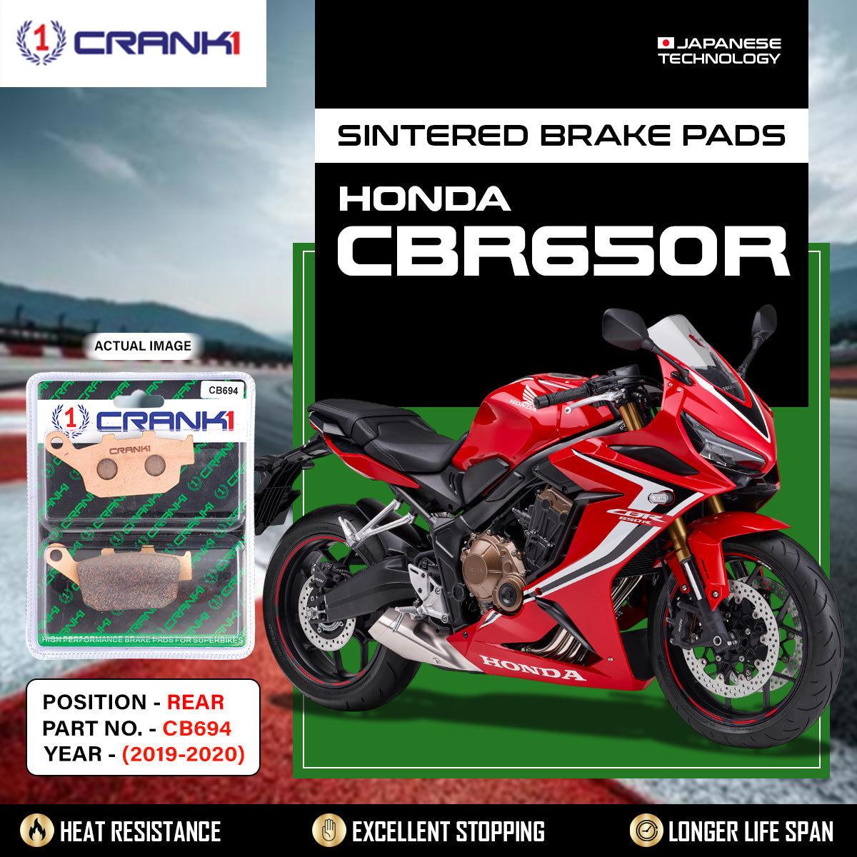 Sintered Brake Pads For Honda CBR650R 2019-2020 - Rear - CB694 - 1 Set - CRANK1