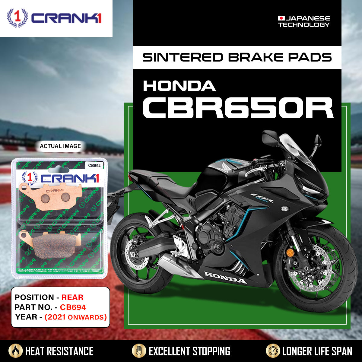 Sintered Brake Pads For Honda CBR650R 2021 Onwards - Rear - CB694 - 1 Set - CRANK1