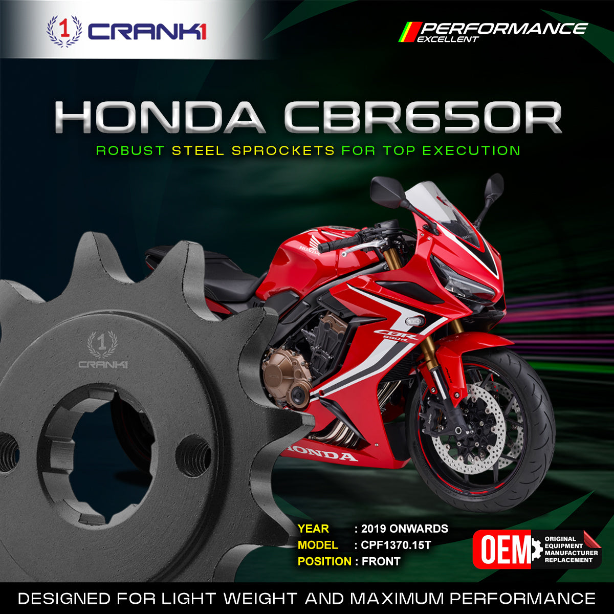 Sprocket For Honda CBR650R 2019 Onwards - Front - CPF1370 15T - CRANK1