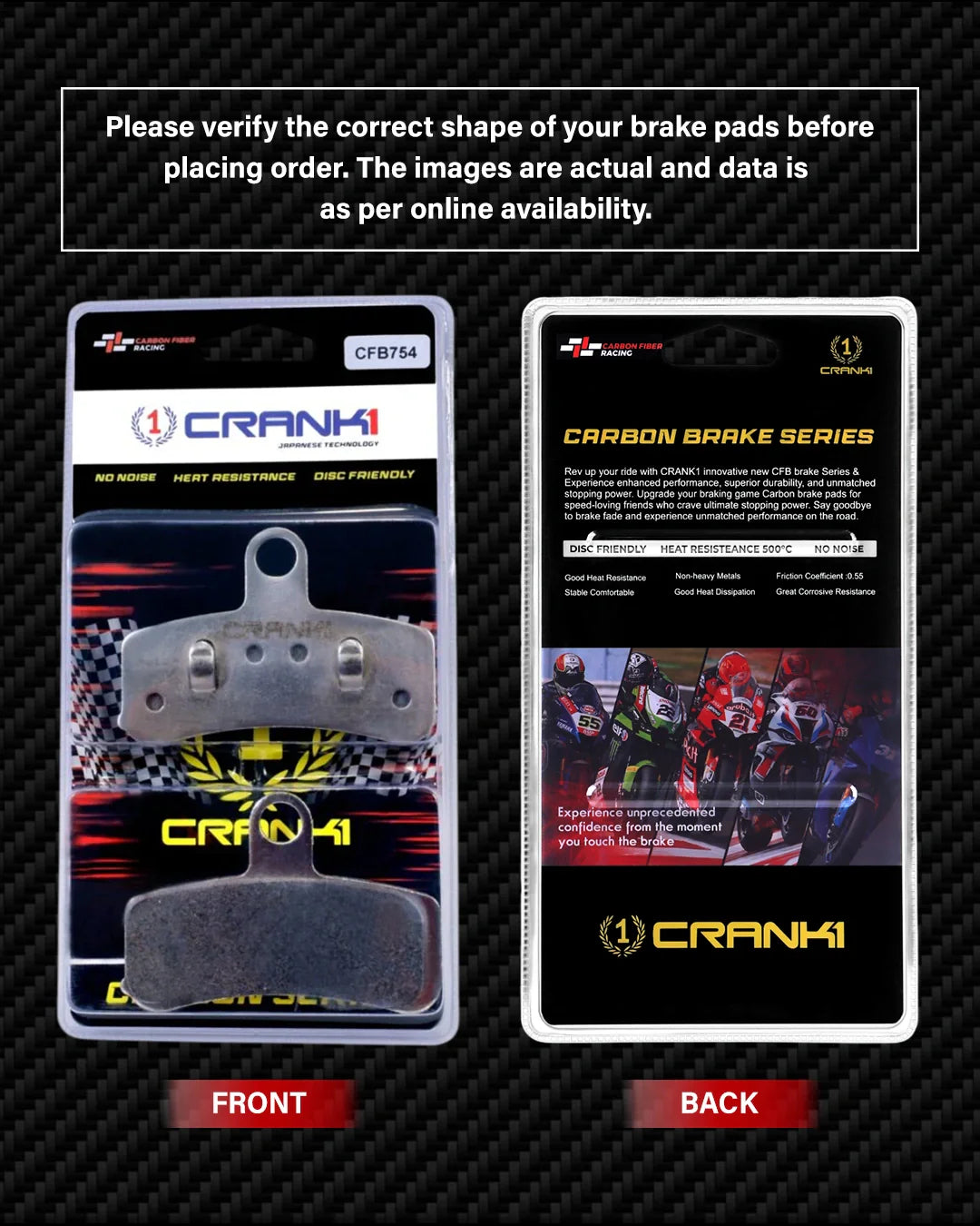 Carbon Brake Pads For Harley Davidson Dyna Street Bob Upto 2018 - Front - CFB754 - 1 Set - CRANK1