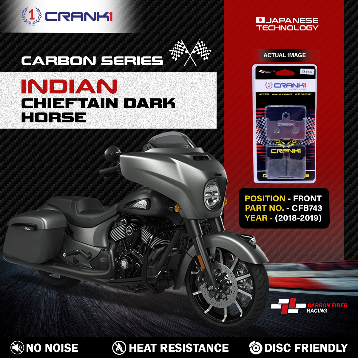 Carbon Brake Pads For Indian Chieftain Dark Horse 2018-2019 - Front - CFB743 - 2 Sets - CRANK1