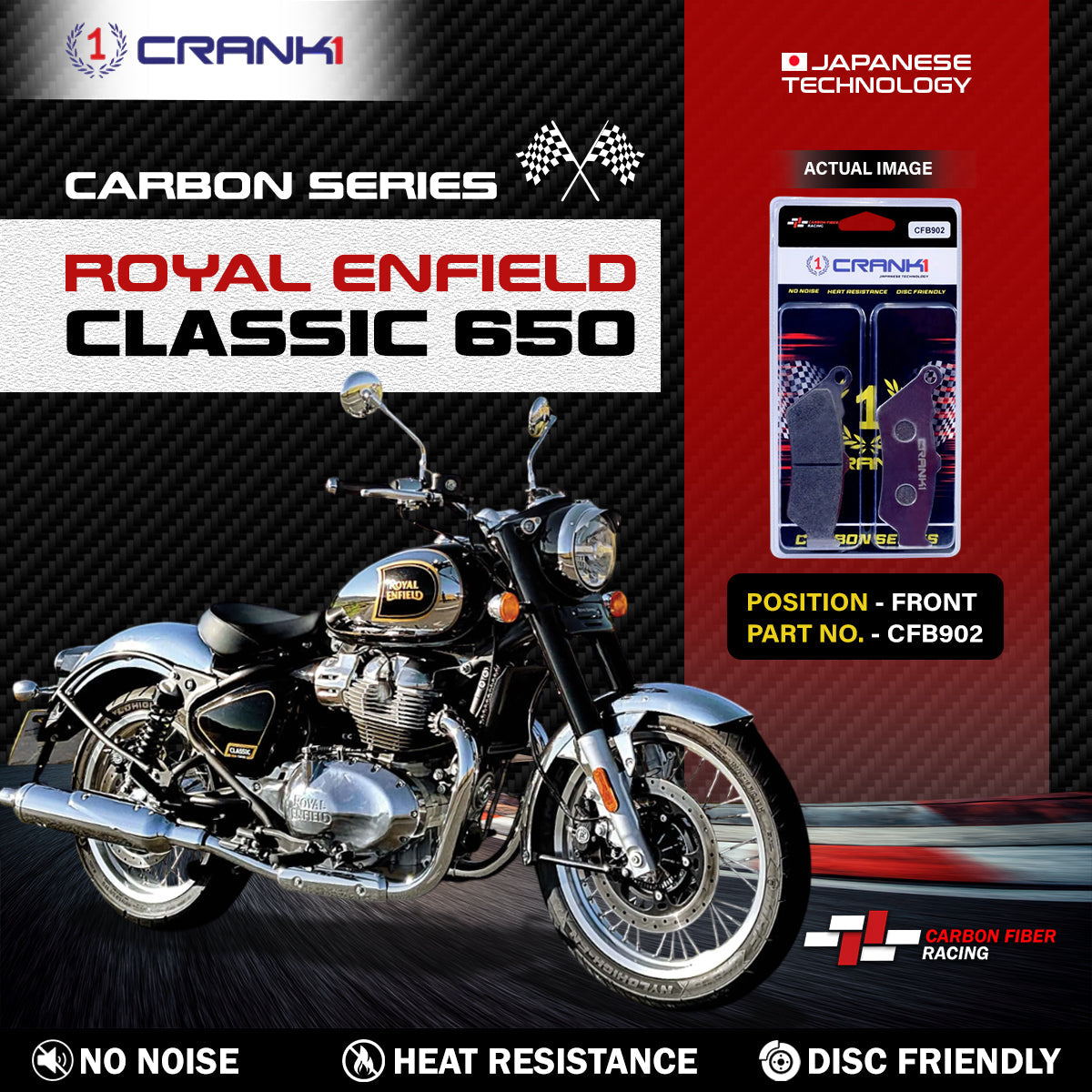 Carbon Brake Pads For Royal Enfield Classic 650 - Front - CFB902 - 1 Set - CRANK1