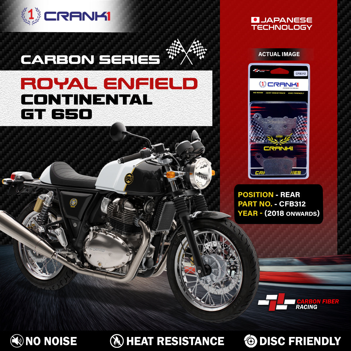 Carbon Brake Pads For Royal Enfield Continental GT 650 2018 Onwards - Rear - CFB312 - 1 Set - CRANK1