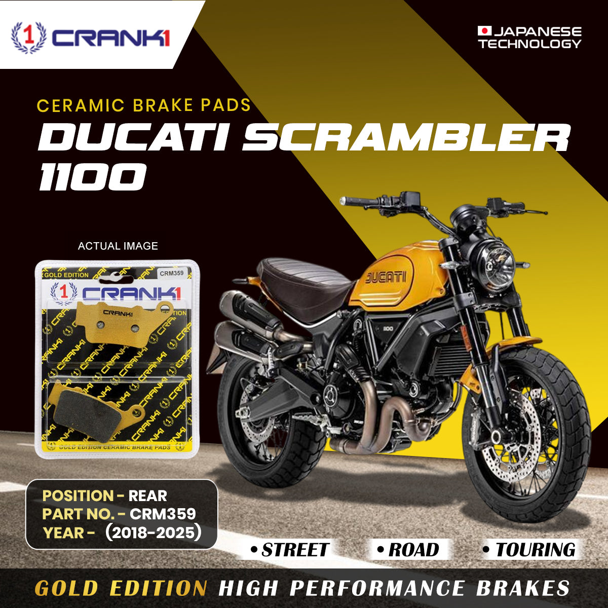 Ceramic Brake Pads For Ducati Scrambler 1100 2018 2025 Rear CRM359 1 Set CRANK1