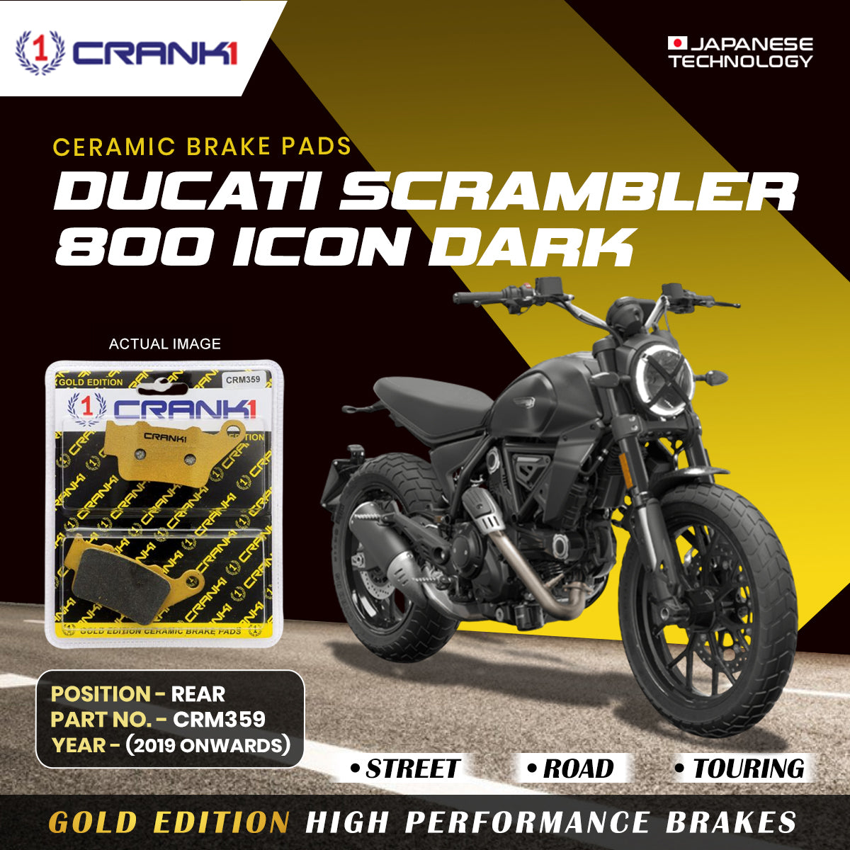Ceramic Brake Pads For Ducati Scrambler 800 Icon Dark 2019 Onwards Rear CRM359 1 Set CRANK1