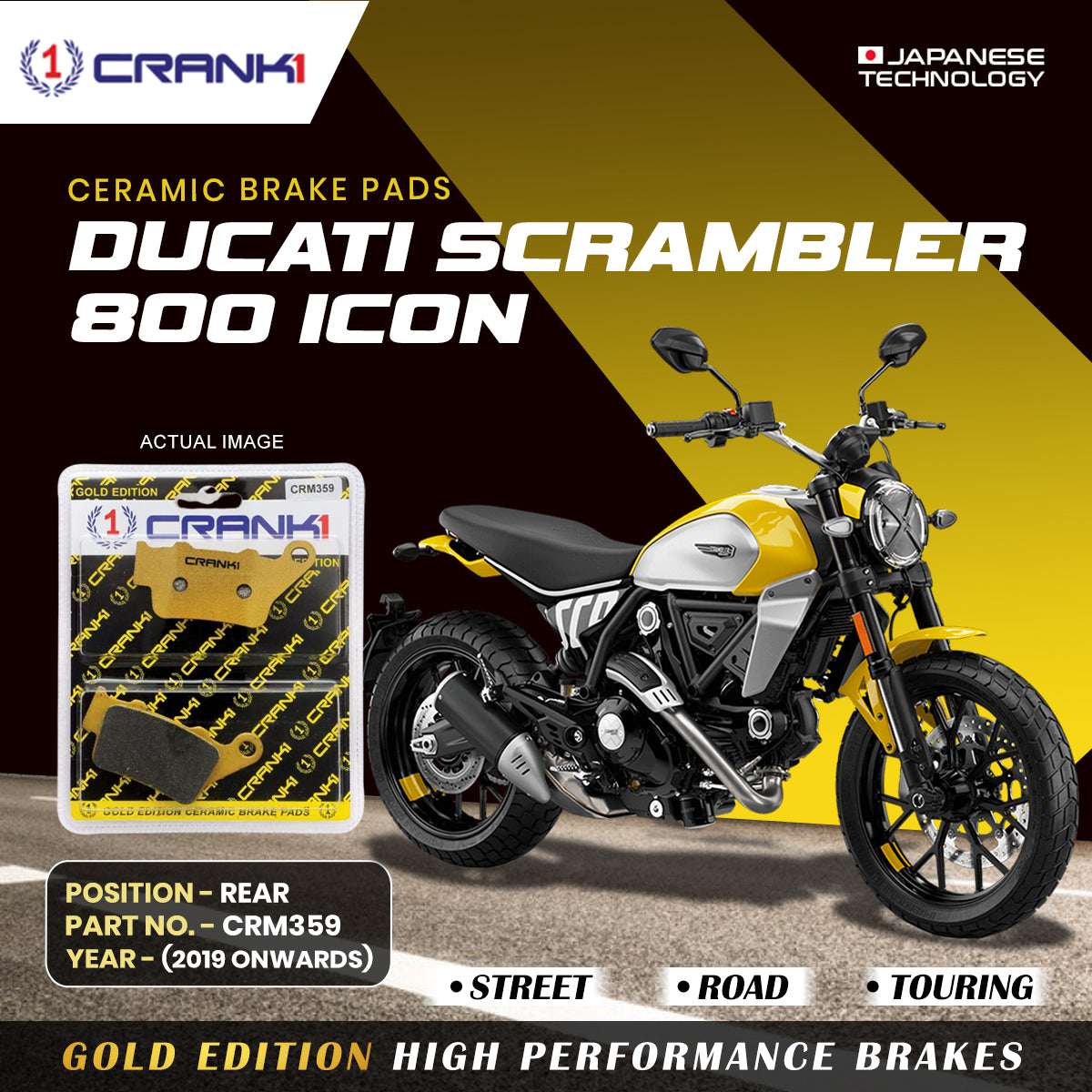 Ceramic Brake Pads For Ducati Scrambler 800 Icon 2019 Onwards Rear CRM359 1 Set CRANK1