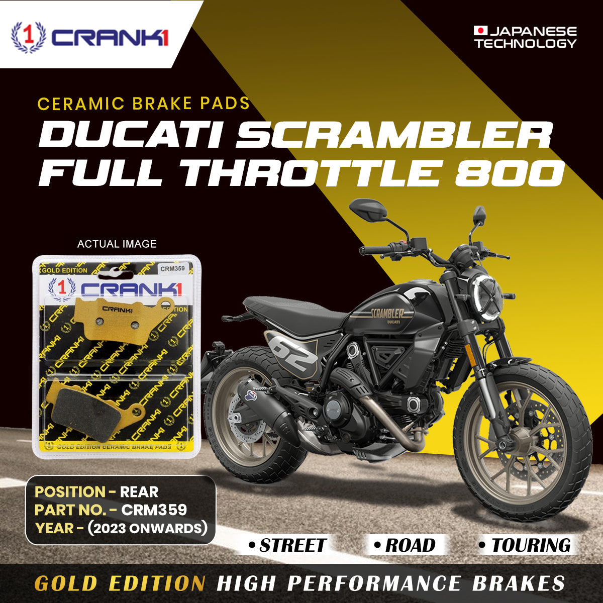 Ceramic Brake Pads For Ducati Scrambler Full Throttle 800 2023 Onwards Rear CRM359 1 Set CRANK1