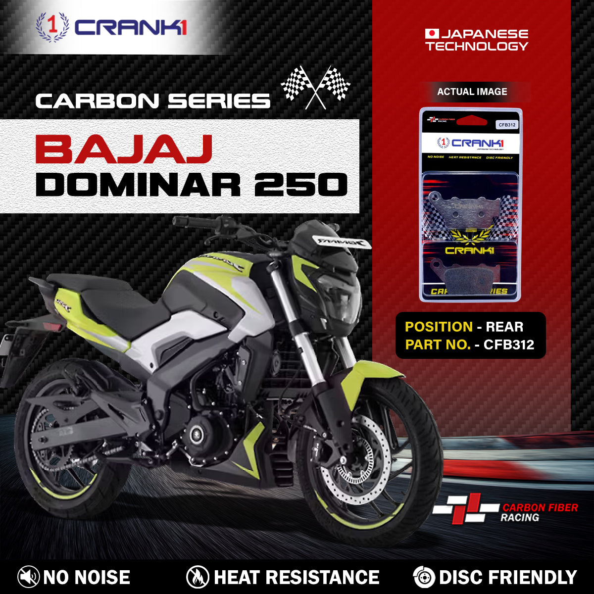 Carbon Brake Pads For Bajaj Dominar 250 - Rear - CFB312 - 1 Set - CRANK1