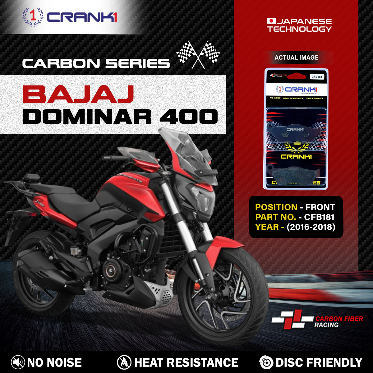 Carbon Brake Pads For Bajaj Dominar 400 2016-2018 - Front - CFB181 - 1 Set - CRANK1