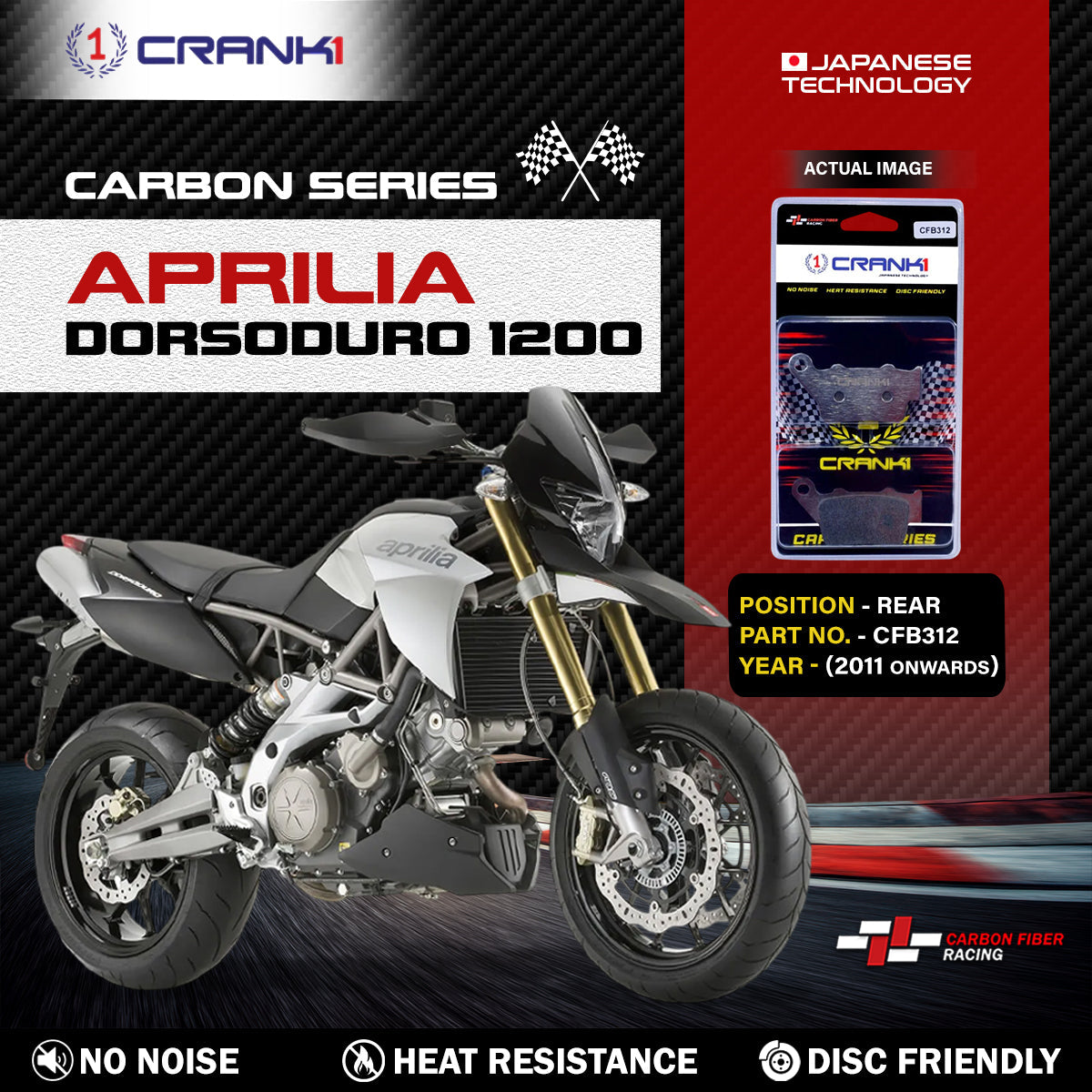 Carbon Brake Pads For Aprilia Dorsoduro 1200 2011 Onwards - Rear - CFB312 - 1 Set - CRANK1