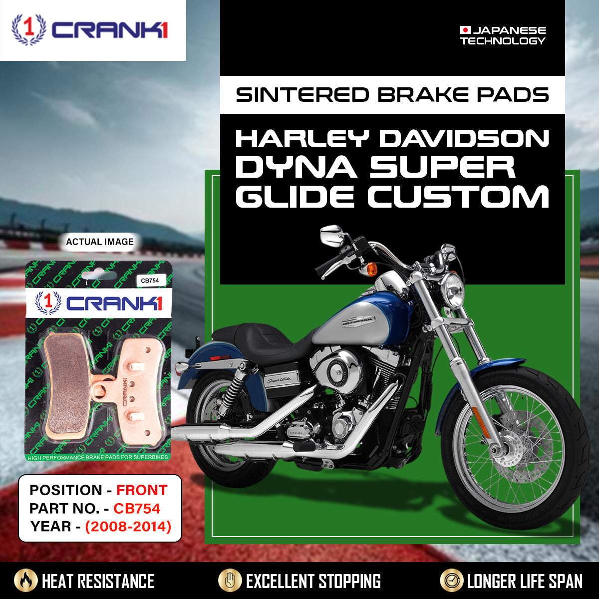 Sintered Brake Pads For Harley Davidson Dyna Super Glide Customs 2008-2014 - Front - CB754 - 1 Set - CRANK1