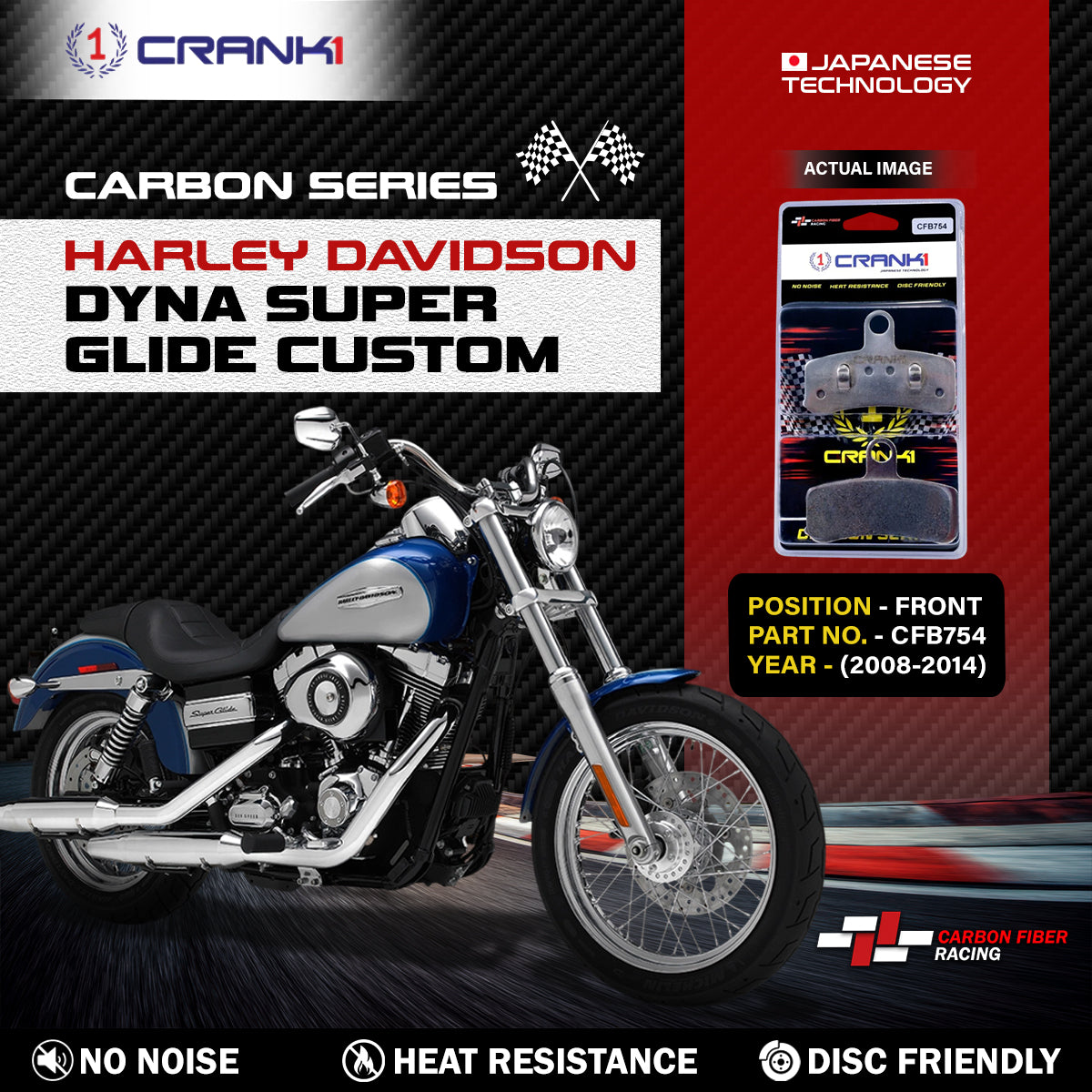 Carbon Brake Pads For Harley Davidson Dyna Super Glide Custom 2008-2014 - Front - CFB754 - 1 Set - CRANK1