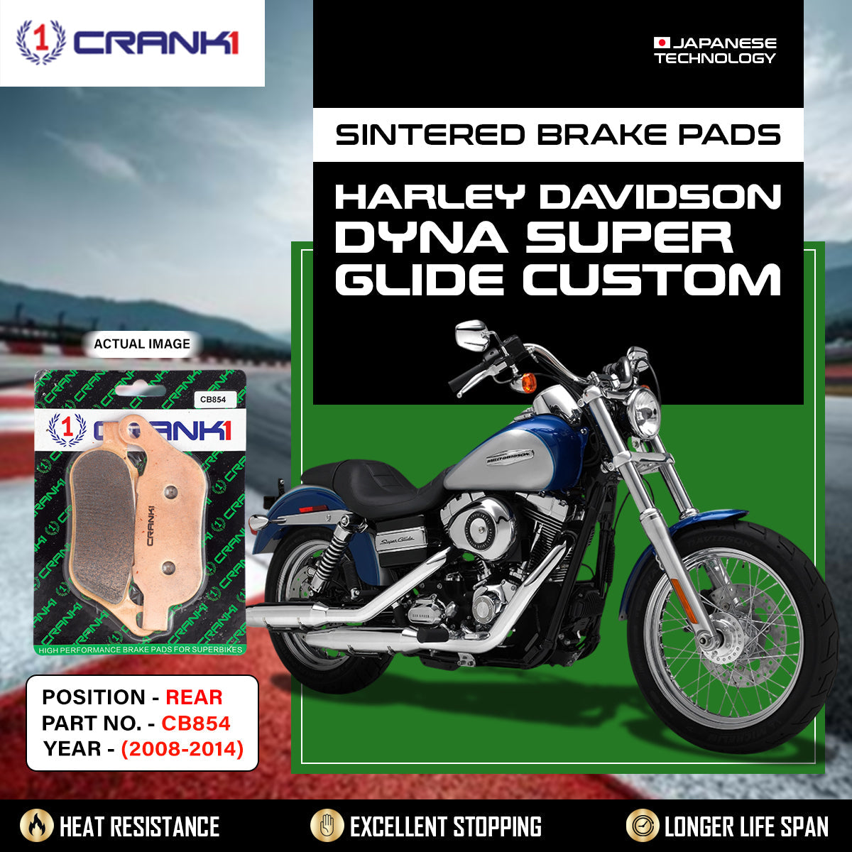 Sintered Brake Pads For Harley Davidson Dyna Super Glide Customs 2008-2014 - Rear - CB854 - 1 Set - CRANK1