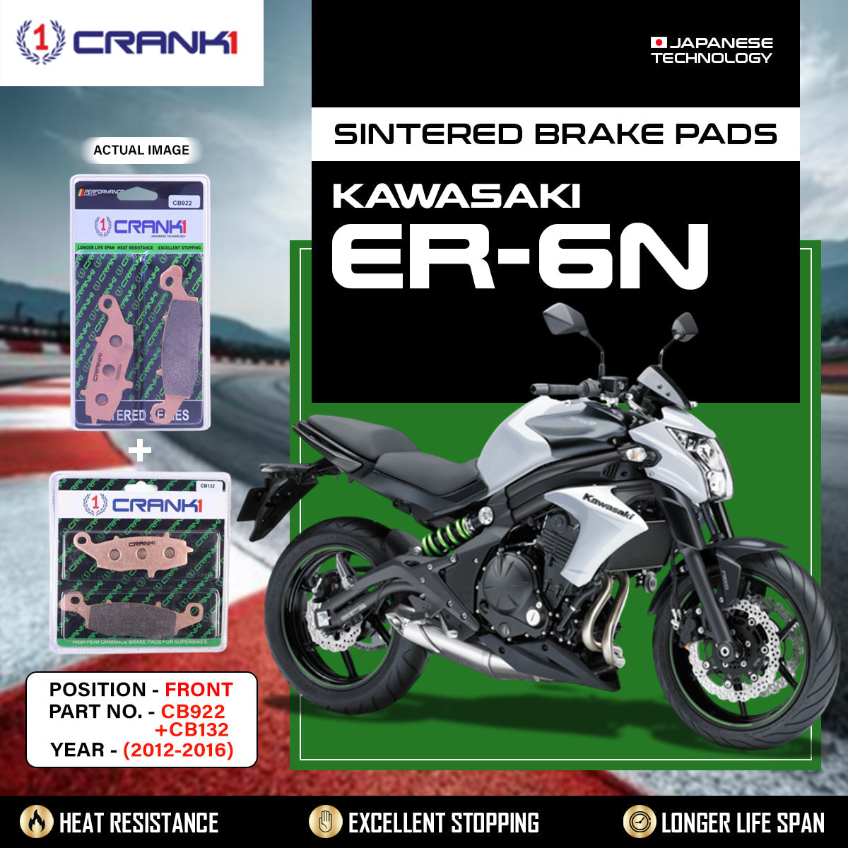 Sintered Brake Pads For Kawasaki ER-6n 2012-2016 - Front - CB922 CB132 - 2 Sets - CRANK1
