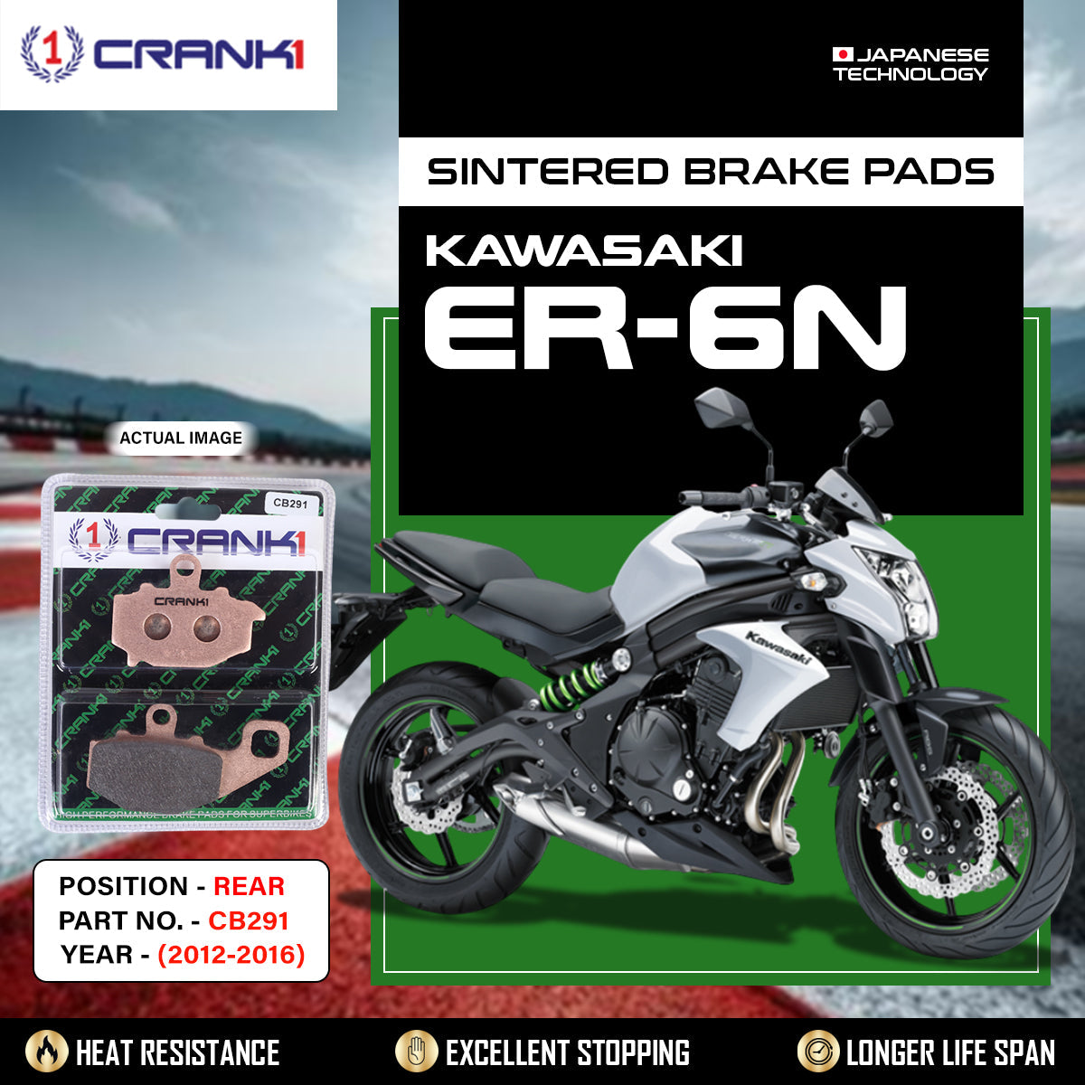 Sintered Brake Pads For Kawasaki ER-6n 2012-2016 - Rear - CB291 - 1 Set - CRANK1