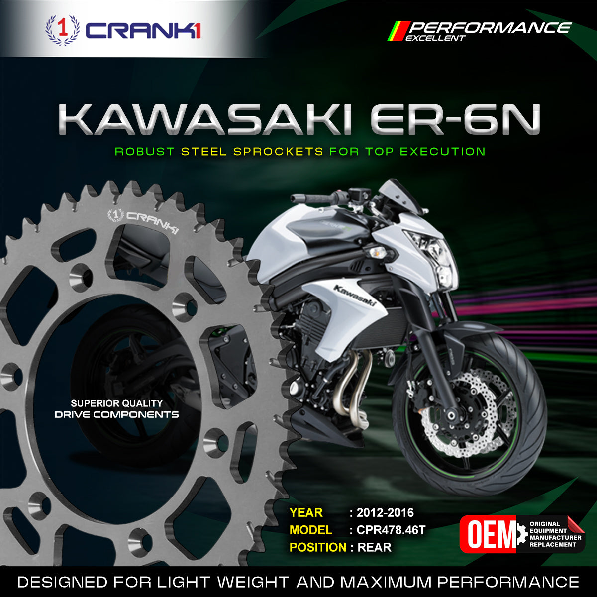 Sprocket For Kawasaki ER-6n 2012-2016 - Rear - CPR478 46T - CRANK1