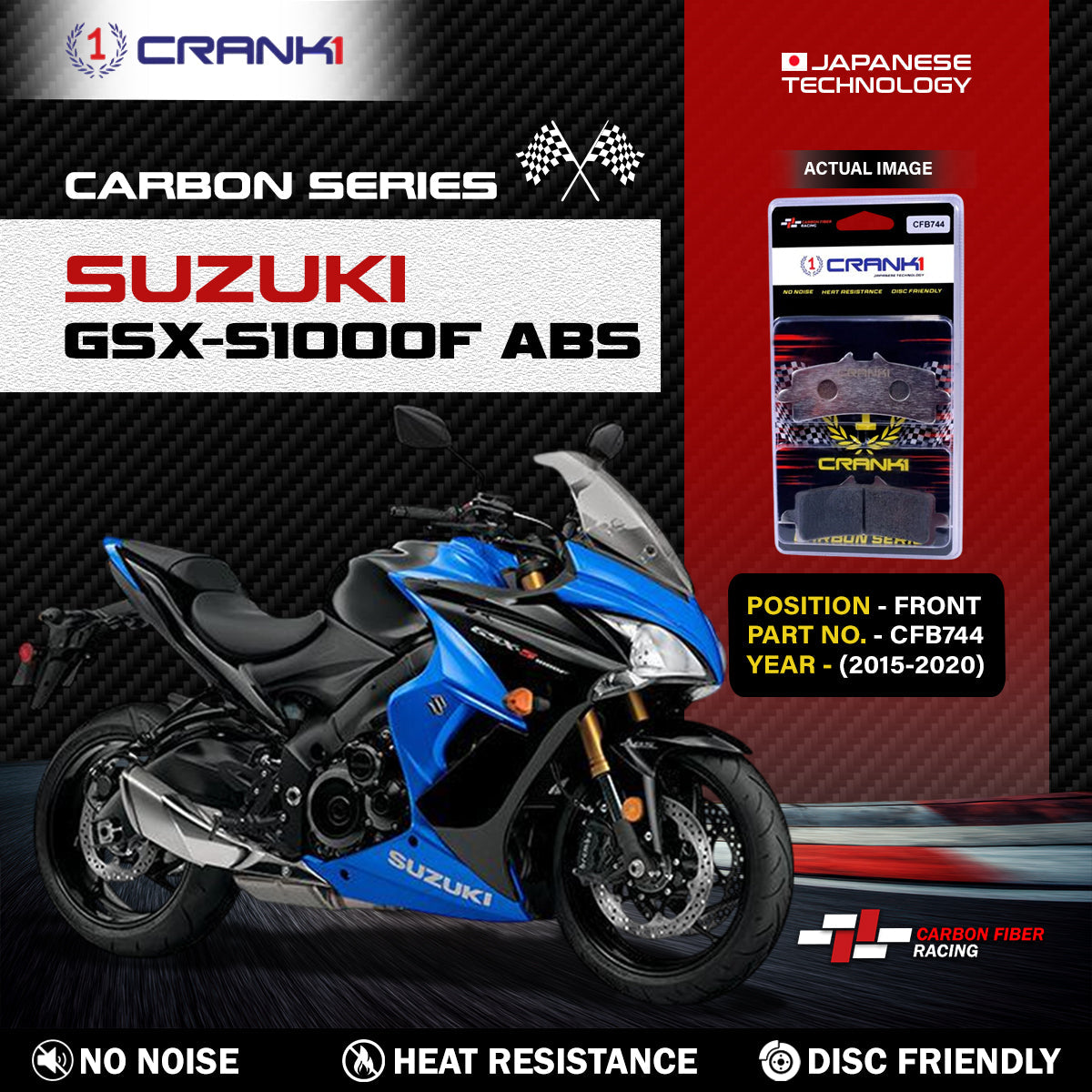 Carbon Brake Pads For Suzuki GSX-S1000F ABS 2015-2020 - Front - CFB744 - 2 Sets - CRANK1