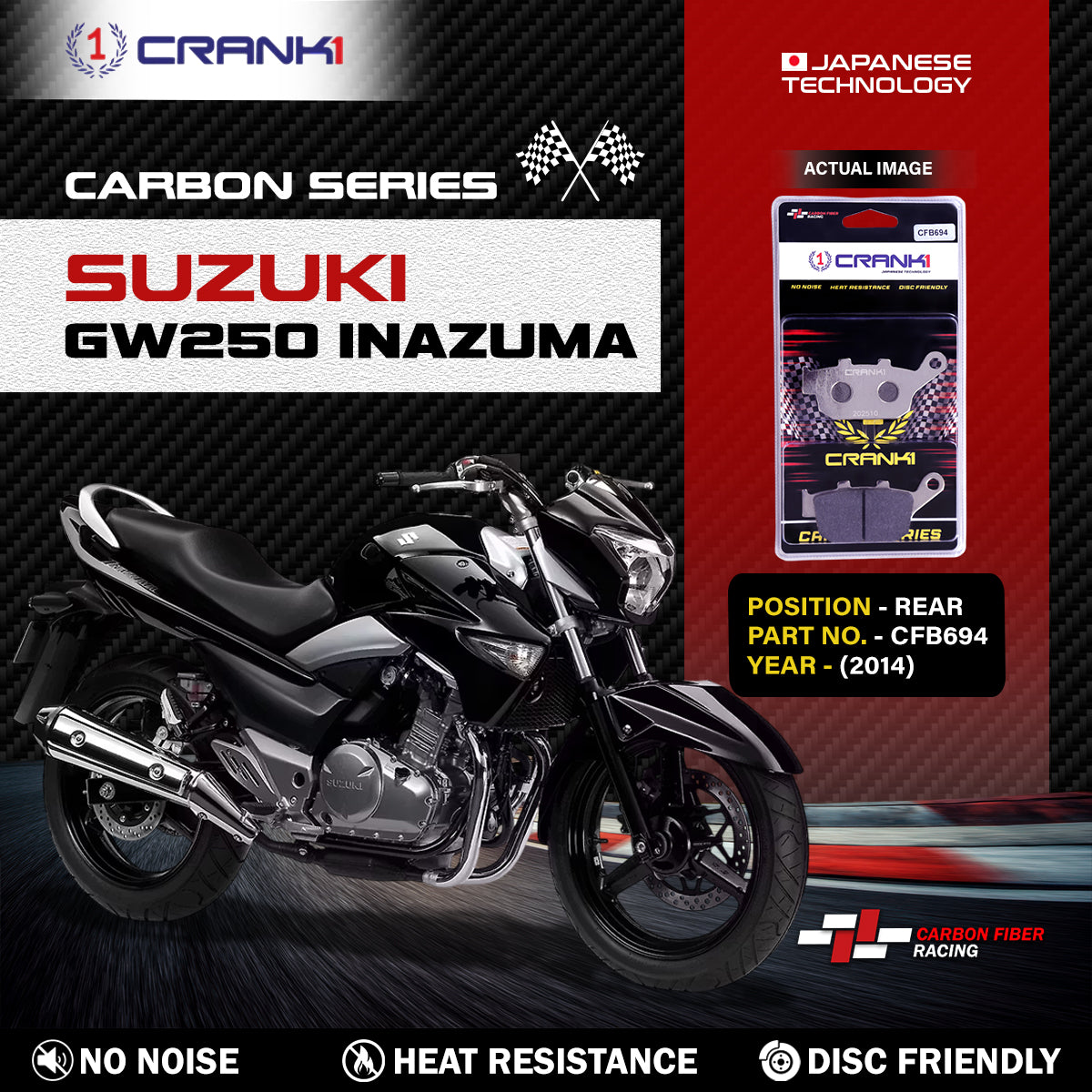 Carbon Brake Pads For Suzuki GW250 Inazuma 2014 - Rear - CFB694 - 1 Set - CRANK1