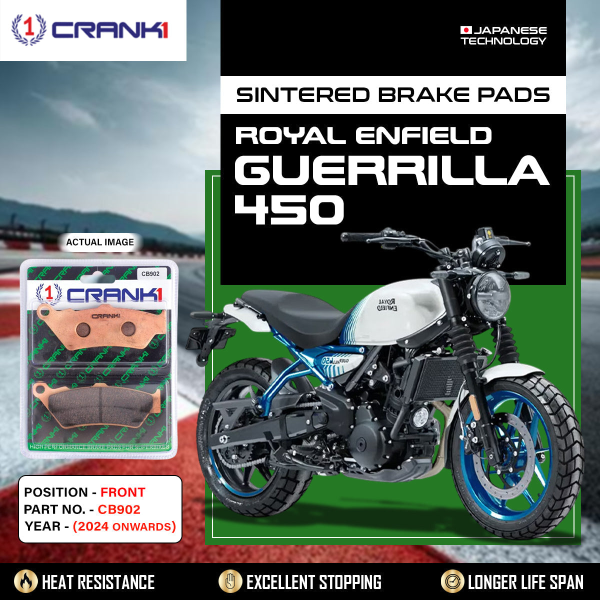Sintered Brake Pads For Royal Enfield Guerrilla 450 2024 Onwards - Front - CB902 - 1 Set - CRANK1