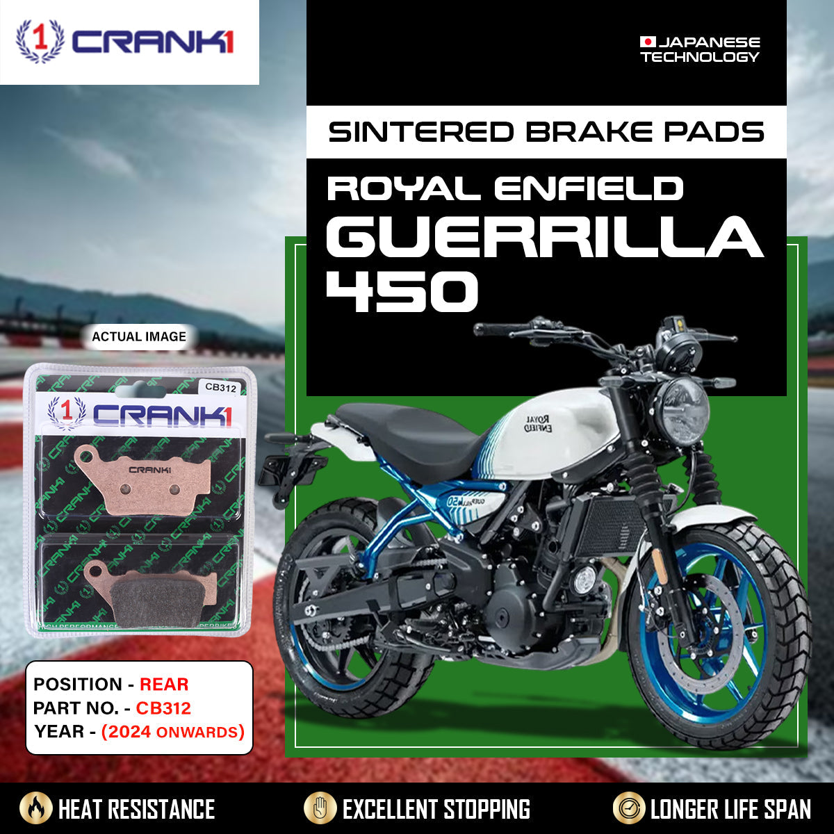 Sintered Brake Pads For Royal Enfield Guerrilla 450 2024 Onwards - Rear - CB312 - 1 Set - CRANK1