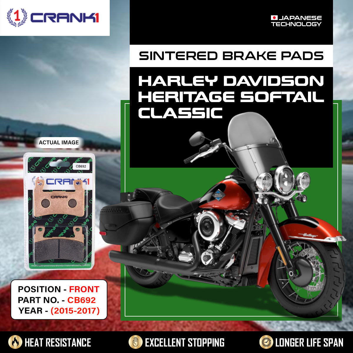 Sintered Brake Pads For Harley Davidson Heritage Softail Classic 2015-2017 - Front - CB692 - 1 Set - CRANK1