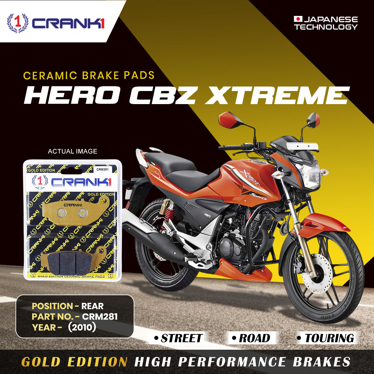 Ceramic Brake Pads For Hero CBZ Xtreme 2010 Rear CRM281 1 Set CRANK1