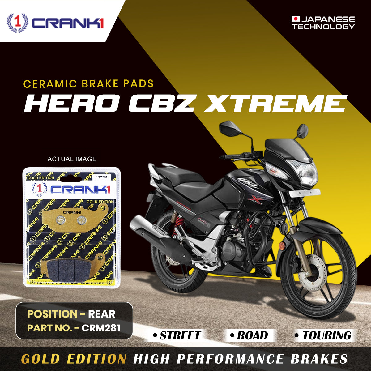 Ceramic Brake Pads For Hero CBZ Xtreme Rear CRM281 1 Set CRANK1